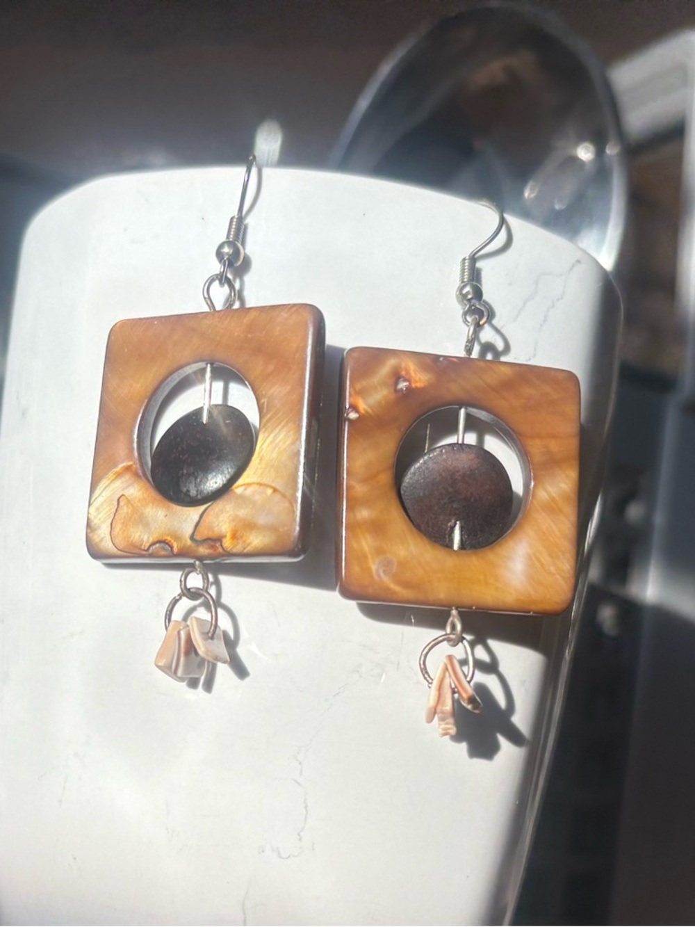 Brown Square Shell Drop Earrings with Circular Accent